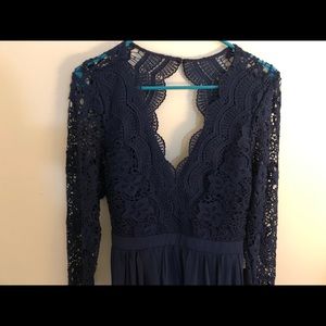Long-Sleeve Navy Blue Lace Formal Maxi Dress, Lulus, Large
